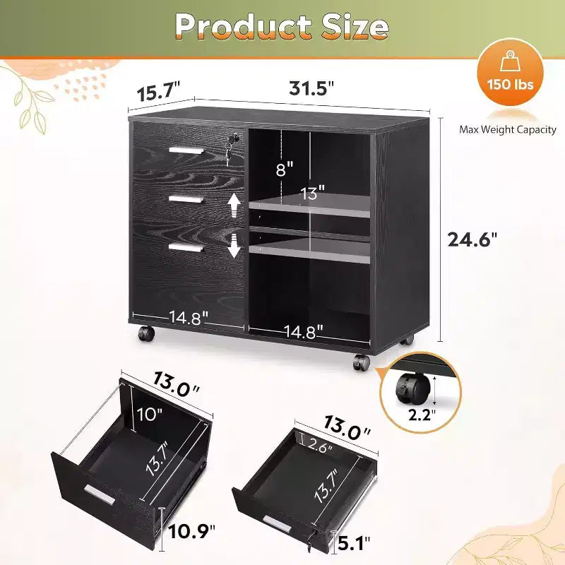 Caisson de classement en bois à 3 tiroirs noir/blanc avec serrure et roulettes, 1 personne