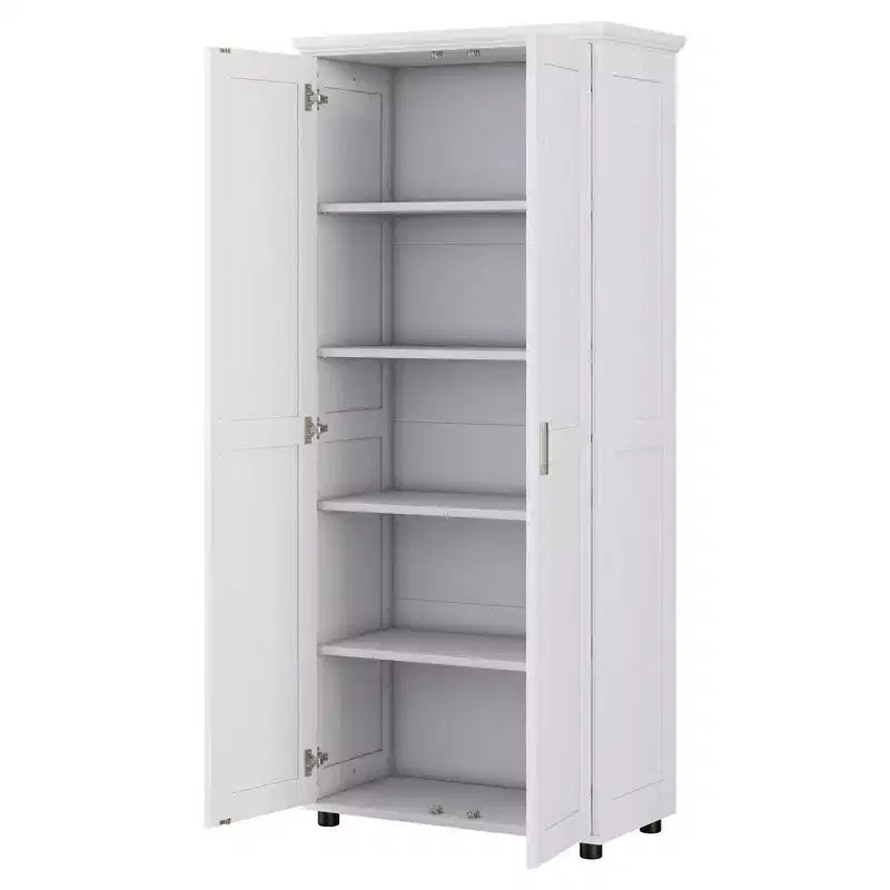 Meuble de rangement blanc à deux portes avec étagères réglables
