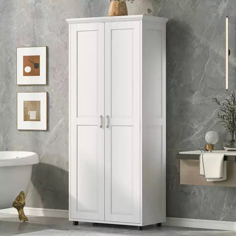 Meuble de rangement blanc à deux portes avec étagères réglables