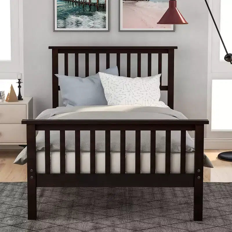 Lit Plateforme Simple en Pin Naturel avec Tête et Pied de Lit, Grandeur Jumeau