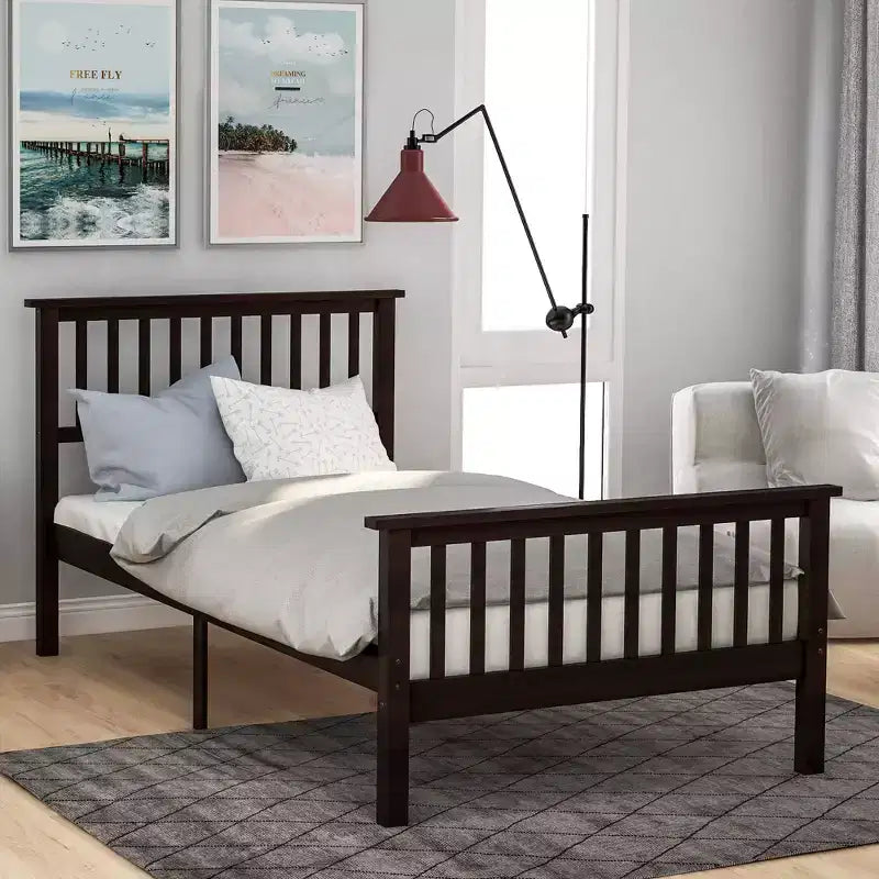 Lit Plateforme Simple en Pin Naturel avec Tête et Pied de Lit, Grandeur Jumeau