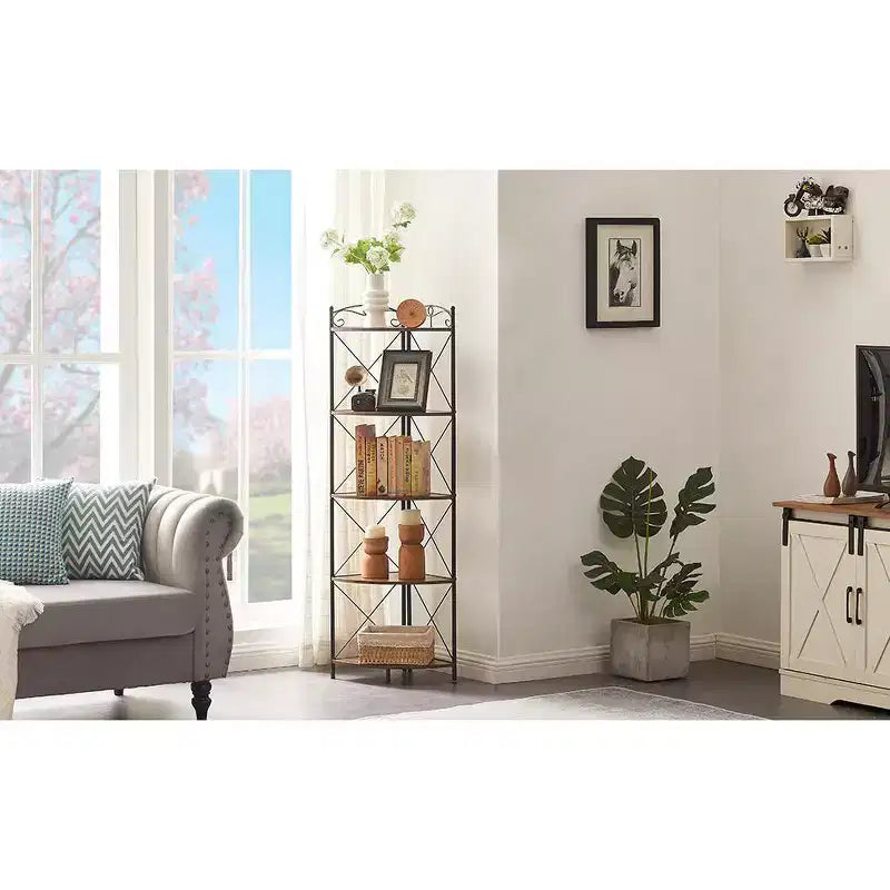 Étagère d'angle triangulaire à 5 niveaux marron, étagère de rangement autoportante pour 1 pièce