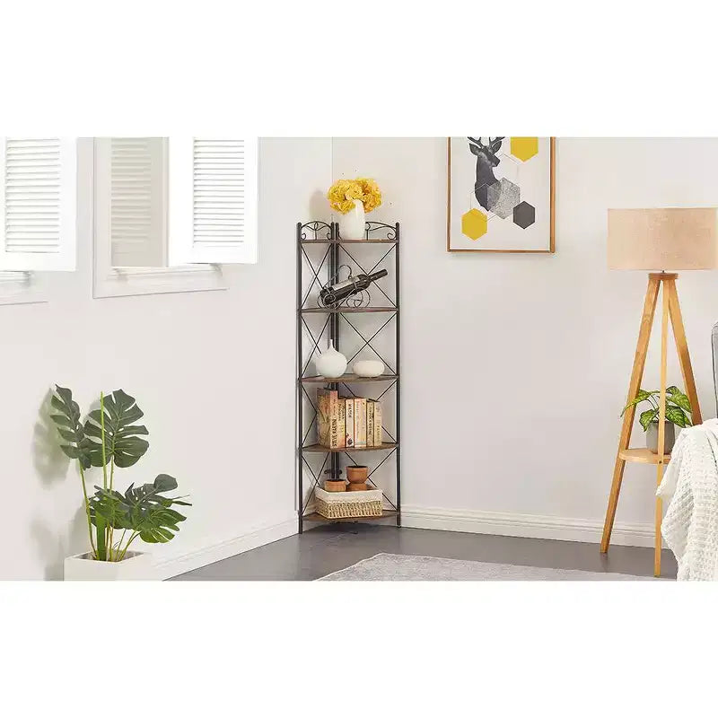 Étagère d'angle triangulaire à 5 niveaux marron, étagère de rangement autoportante pour 1 pièce