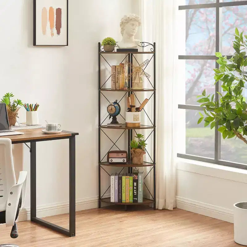 Étagère d'angle triangulaire à 5 niveaux marron, étagère de rangement autoportante pour 1 pièce