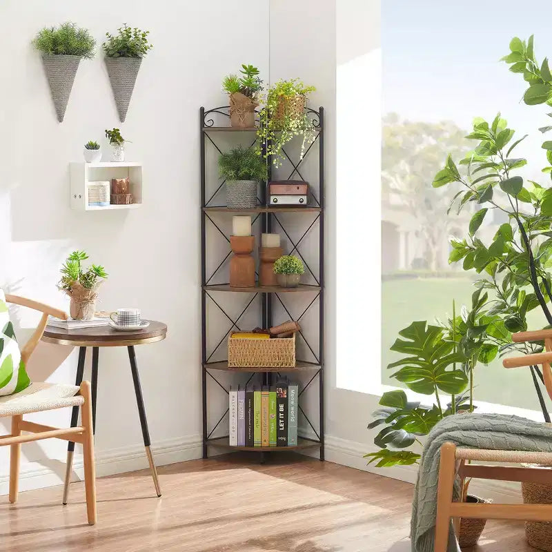 Étagère d'angle triangulaire à 5 niveaux marron, étagère de rangement autoportante pour 1 pièce