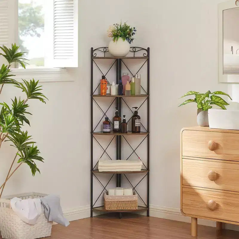 Étagère d'angle triangulaire à 5 niveaux marron, étagère de rangement autoportante pour 1 pièce