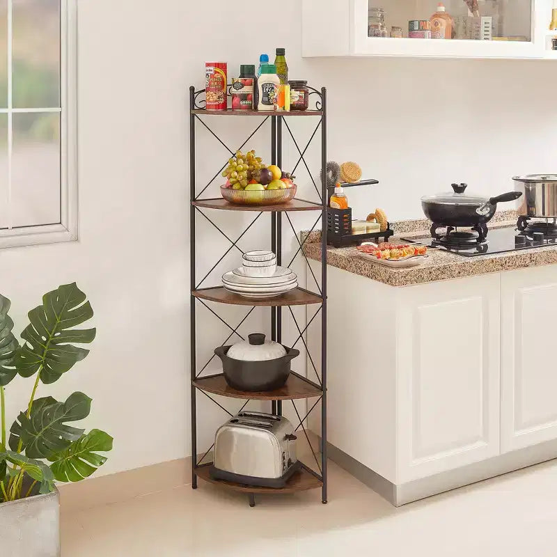 Étagère d'angle triangulaire à 5 niveaux marron, étagère de rangement autoportante pour 1 pièce