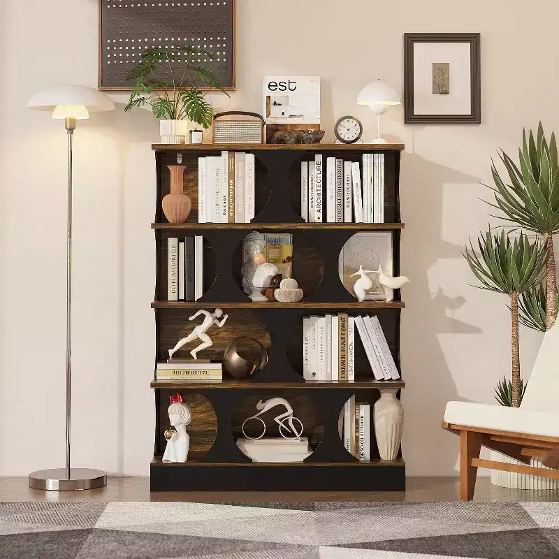 Étagère bibliothèque industrielle noire et bois, 3 niveaux, assemblage par 1 personne