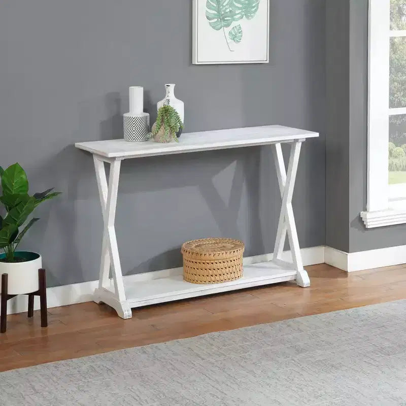 Table console en X avec étagère de rangement, 1 pièce, finition blanc délavé/café