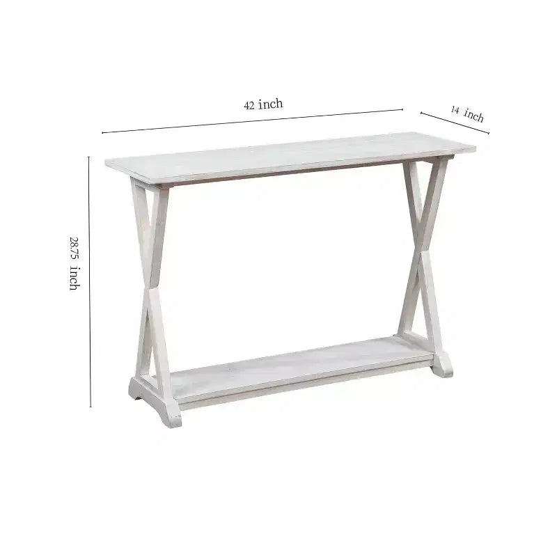 Table console en X avec étagère de rangement, 1 pièce, finition blanc délavé/café