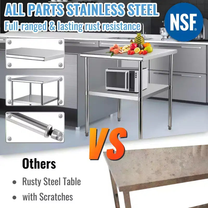 Table de préparation en acier inoxydable argenté avec étagère inférieure, monoposte, 76x76x91 cm