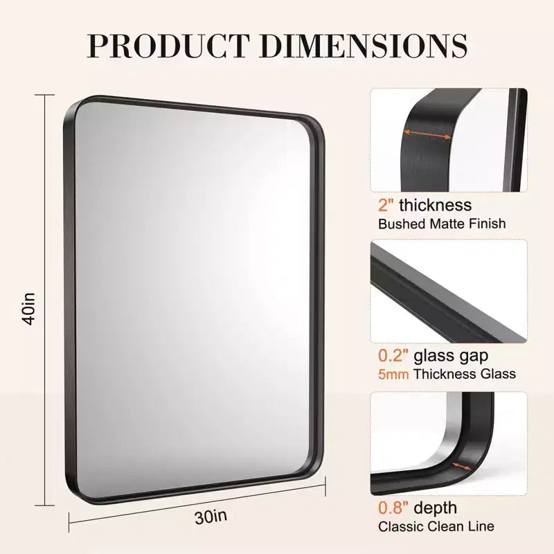 Miroir mural rectangulaire noir, simple, 39x29 pouces