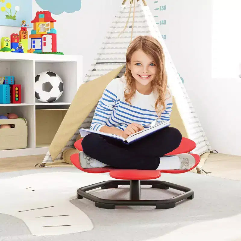 Chaise pivotante sensorielle pour enfants Pétale bleu/rouge, assise individuelle, intérieur et extérieur
