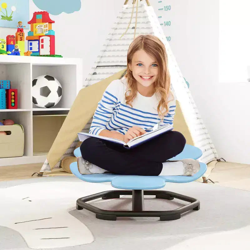 Chaise pivotante sensorielle pour enfants Pétale bleu/rouge, assise individuelle, intérieur et extérieur