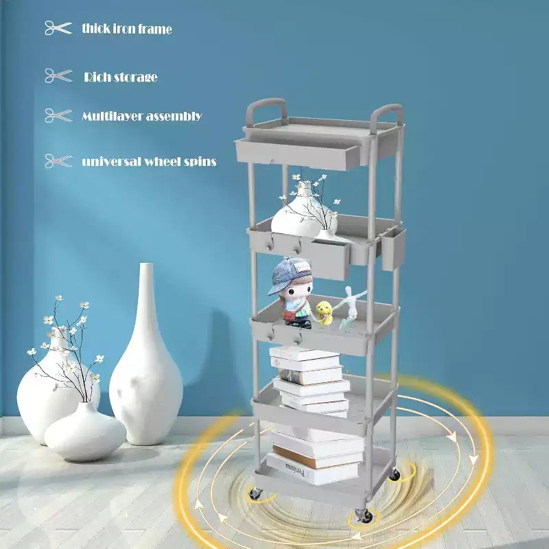 Chariot de rangement roulant à 5 niveaux avec tiroir – Noir/Gris/Vert/Rose/Blanc, 150 kg, un seul utilisateur