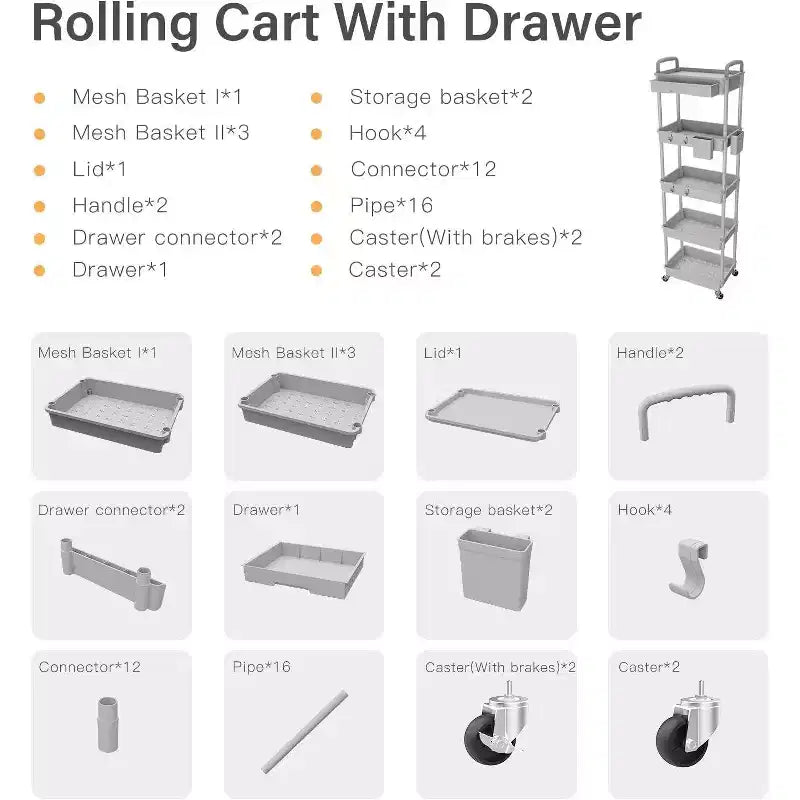 Chariot de rangement roulant à 5 niveaux avec tiroir – Noir/Gris/Vert/Rose/Blanc, 150 kg, un seul utilisateur