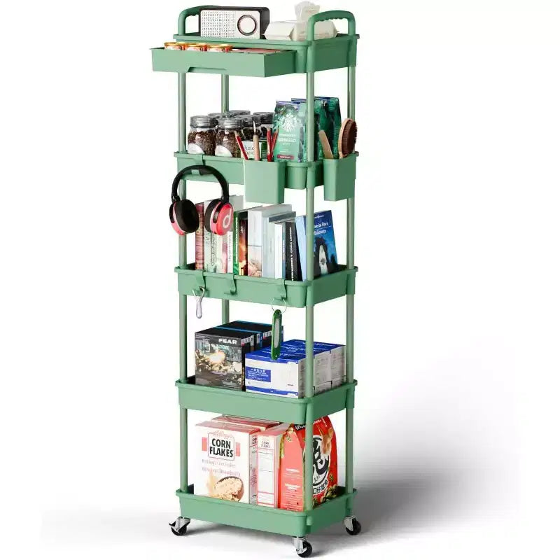 Chariot de rangement roulant à 5 niveaux avec tiroir – Noir/Gris/Vert/Rose/Blanc, 150 kg, un seul utilisateur