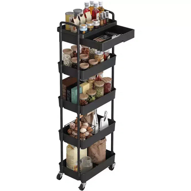 Chariot de rangement roulant à 5 niveaux avec tiroir – Noir/Gris/Vert/Rose/Blanc, 150 kg, un seul utilisateur