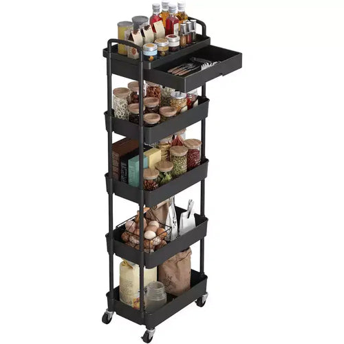 Chariot de rangement roulant à 5 niveaux avec tiroir – Noir/Gris/Vert/Rose/Blanc, 150 kg, un seul utilisateur