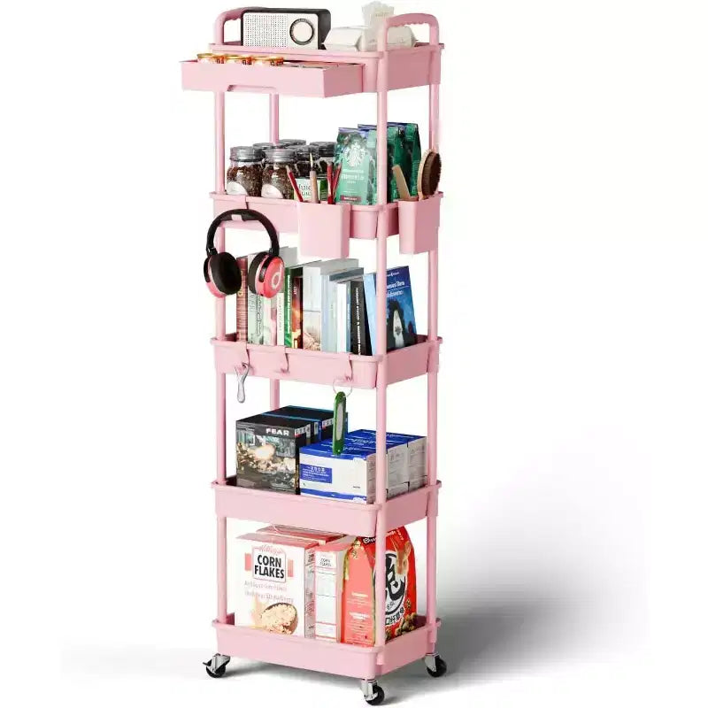 Chariot de rangement roulant à 5 niveaux avec tiroir – Noir/Gris/Vert/Rose/Blanc, 150 kg, un seul utilisateur