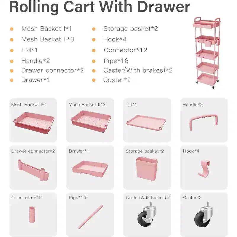 Chariot de rangement roulant à 5 niveaux avec tiroir – Noir/Gris/Vert/Rose/Blanc, 150 kg, un seul utilisateur