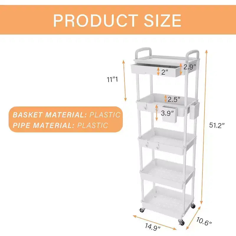 Chariot de rangement roulant à 5 niveaux avec tiroir – Noir/Gris/Vert/Rose/Blanc, 150 kg, un seul utilisateur