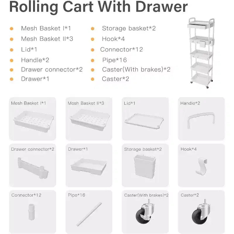 Chariot de rangement roulant à 5 niveaux avec tiroir – Noir/Gris/Vert/Rose/Blanc, 150 kg, un seul utilisateur