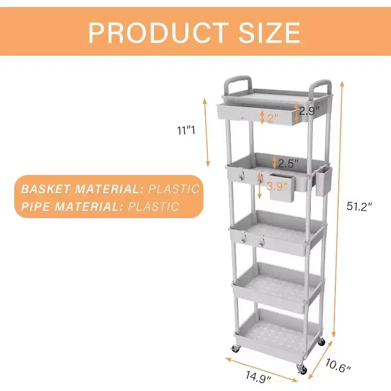 Chariot de rangement roulant à 5 niveaux avec tiroir – Noir/Gris/Vert/Rose/Blanc, 150 kg, un seul utilisateur
