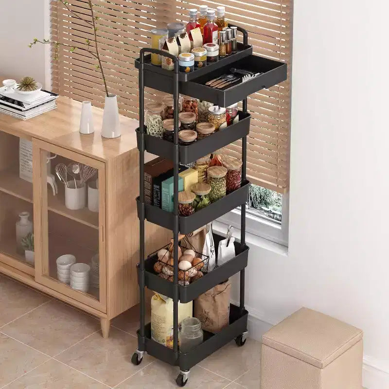 Chariot de rangement roulant à 5 niveaux avec tiroir – Noir/Gris/Vert/Rose/Blanc, 150 kg, un seul utilisateur
