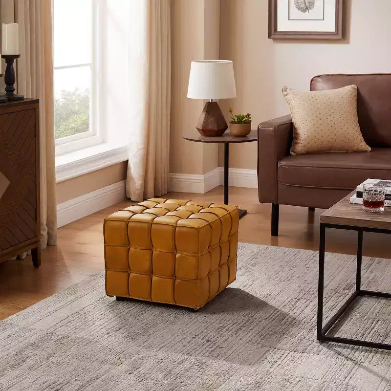 Pouffe carré en cuir véritable noir / cognac / marron jaune, individuel