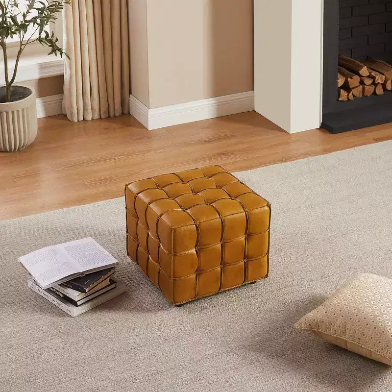 Pouffe carré en cuir véritable noir / cognac / marron jaune, individuel