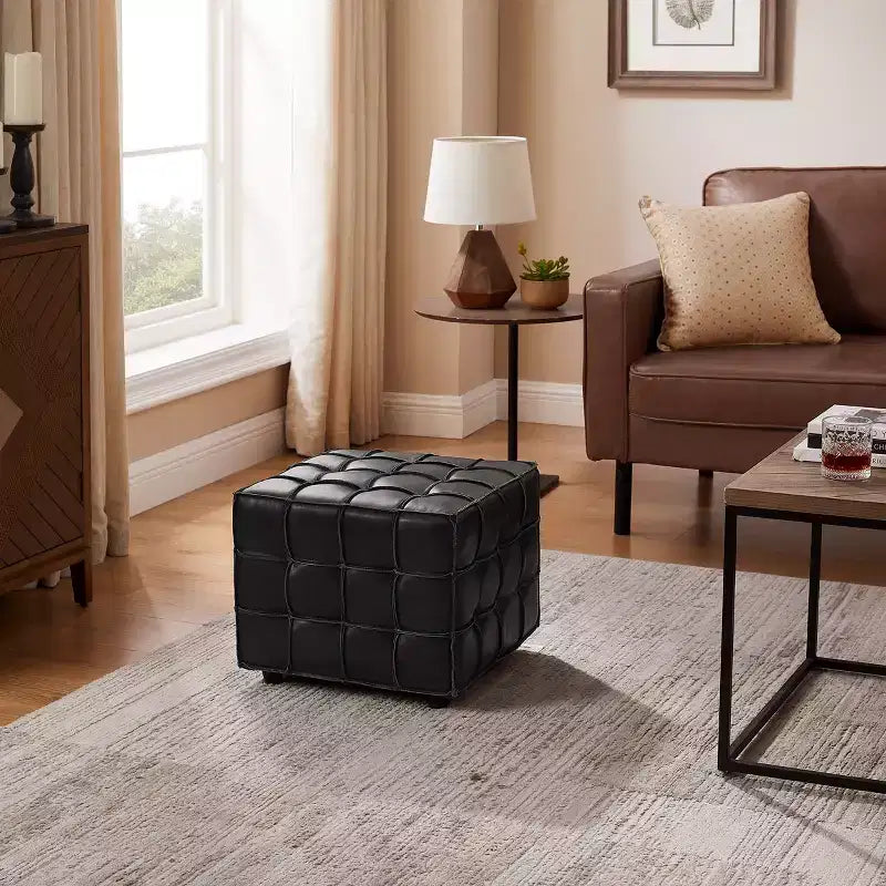 Pouffe carré en cuir véritable noir / cognac / marron jaune, individuel