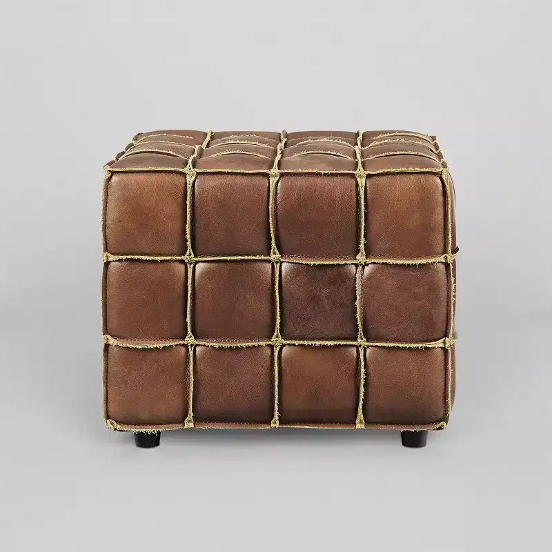 Pouffe carré en cuir véritable noir / cognac / marron jaune, individuel
