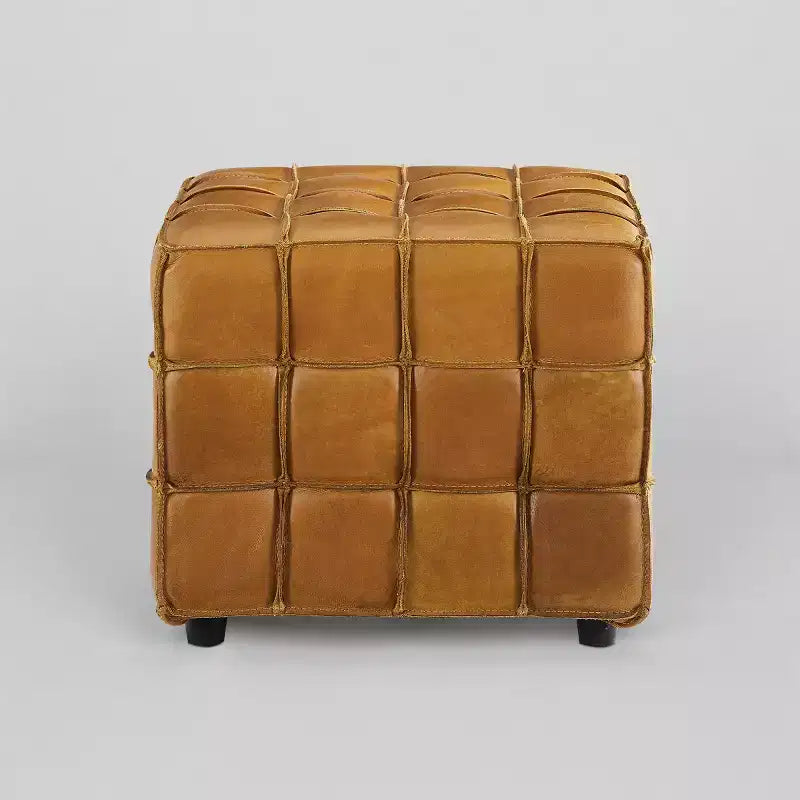 Pouffe carré en cuir véritable noir / cognac / marron jaune, individuel