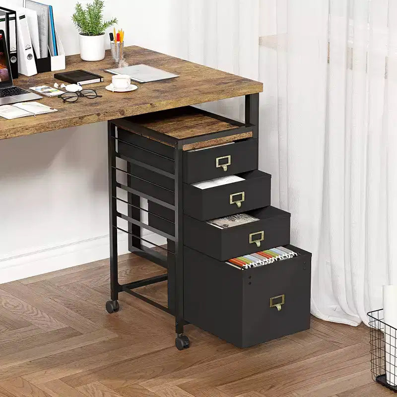 Meuble de rangement rétro noir sous le bureau avec 2 tiroirs en tissu et roulettes verrouillables, 1 utilisateur