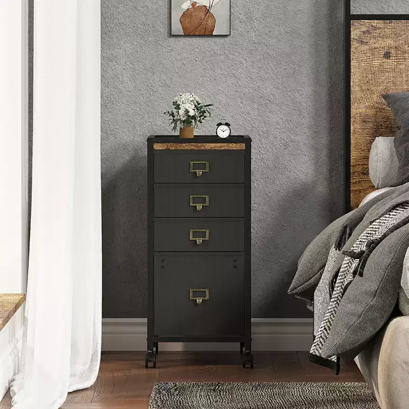 Meuble de rangement rétro noir sous le bureau avec 2 tiroirs en tissu et roulettes verrouillables, 1 utilisateur