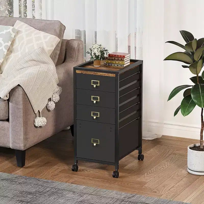 Meuble de rangement rétro noir sous le bureau avec 2 tiroirs en tissu et roulettes verrouillables, 1 utilisateur