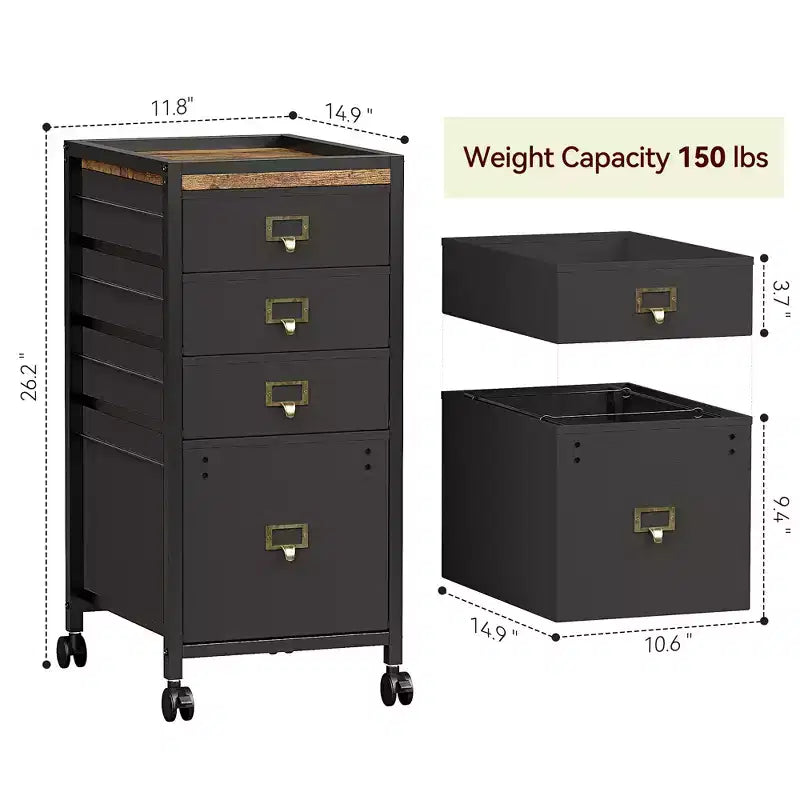 Meuble de rangement rétro noir sous le bureau avec 2 tiroirs en tissu et roulettes verrouillables, 1 utilisateur