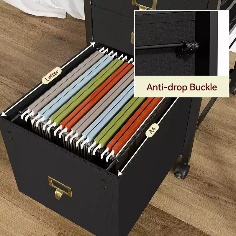 Meuble de rangement rétro noir sous le bureau avec 2 tiroirs en tissu et roulettes verrouillables, 1 utilisateur