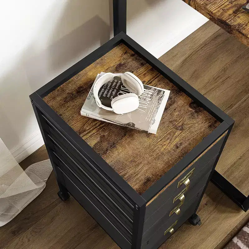 Meuble de rangement rétro noir sous le bureau avec 2 tiroirs en tissu et roulettes verrouillables, 1 utilisateur