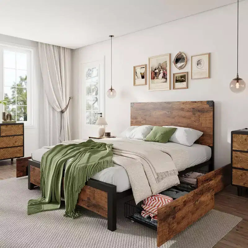 Lit plateforme vintage en métal marron avec tête de lit en bois et tiroirs de rangement, grand lit/queen, 1-2 personnes