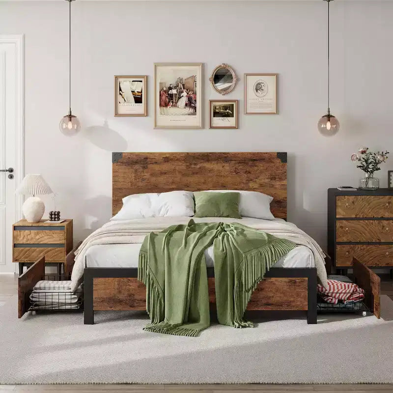 Lit plateforme vintage en métal marron avec tête de lit en bois et tiroirs de rangement, grand lit/queen, 1-2 personnes