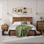 Lit plateforme vintage en métal marron avec tête de lit en bois et tiroirs de rangement, grand lit/queen, 1-2 personnes