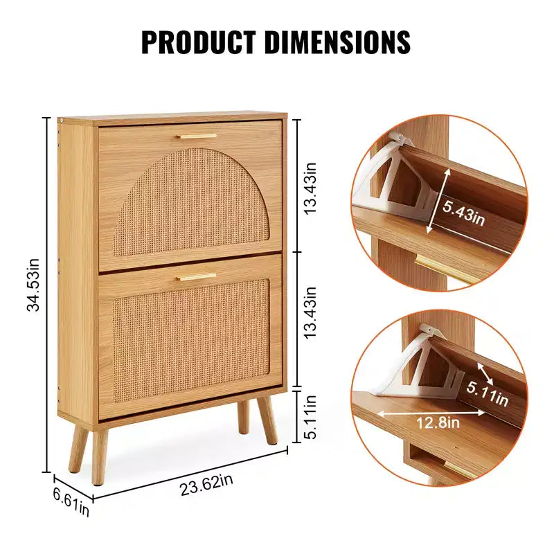 Meuble à chaussures marron avec 2 tiroirs basculants, porte en rotin, peut contenir 6 paires