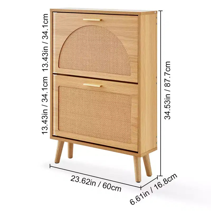 Meuble à chaussures marron avec 2 tiroirs basculants, porte en rotin, peut contenir 6 paires