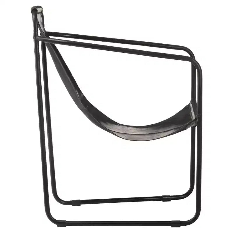 Fauteuil 1 place en cuir véritable noir avec accent de sangle et cadre en fer