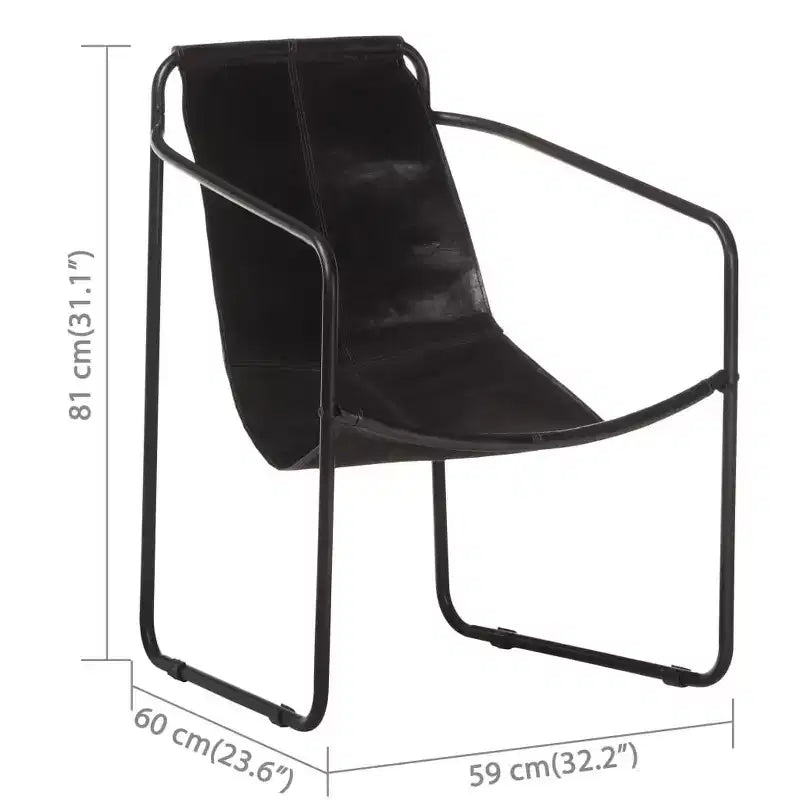 Fauteuil 1 place en cuir véritable noir avec accent de sangle et cadre en fer