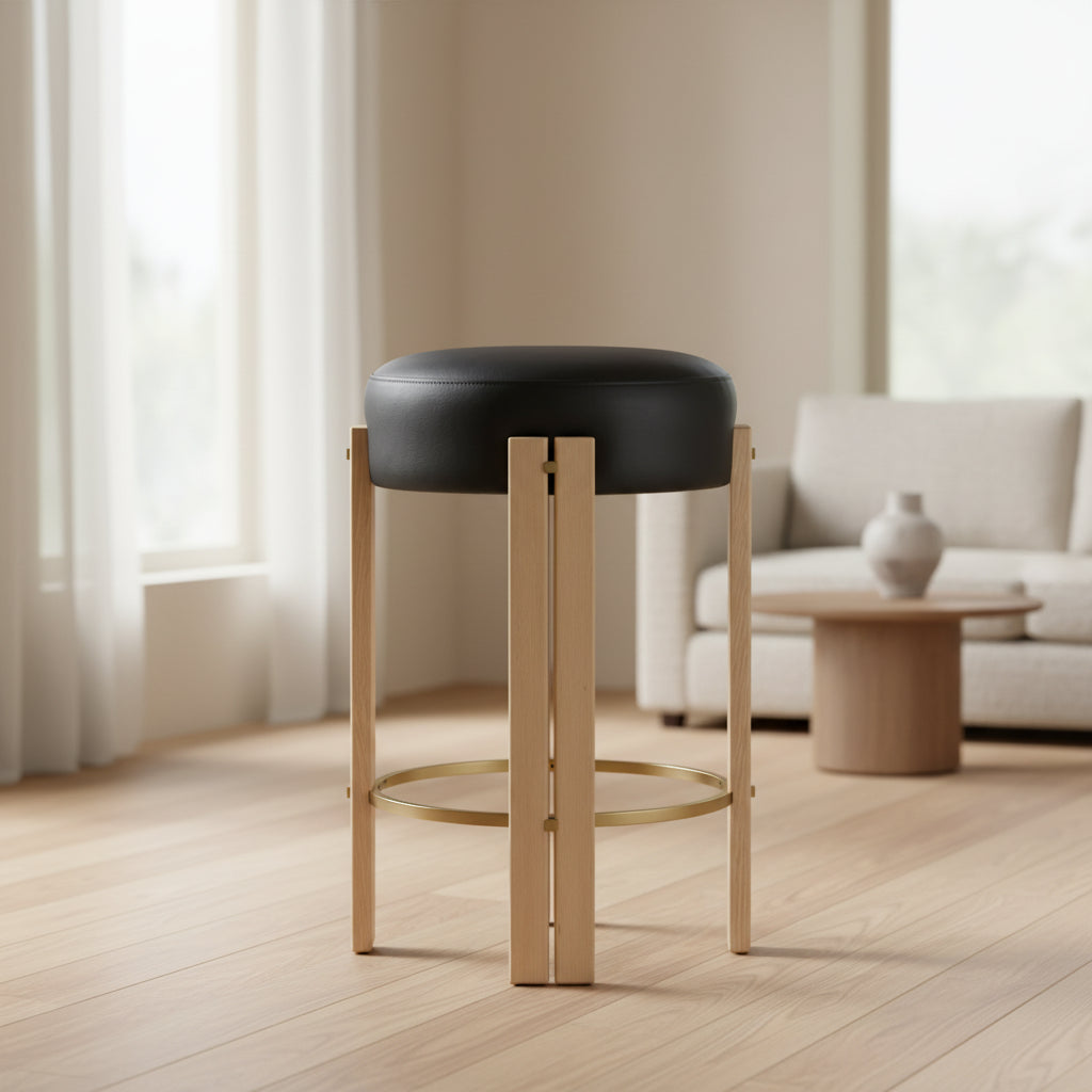 Tabouret de comptoir rond en similicuir noir, 1 place