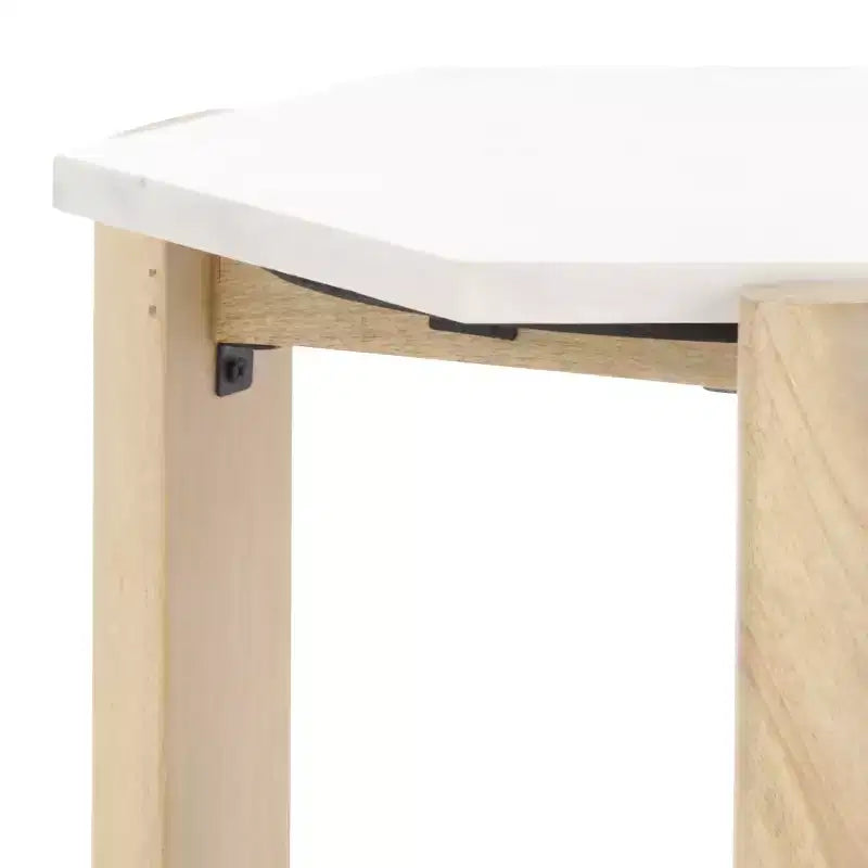 Table d'appoint hexagonale en marbre blanc et bois beige, 1 pièce