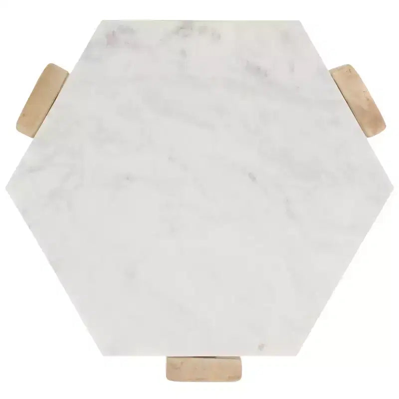 Table d'appoint hexagonale en marbre blanc et bois beige, 1 pièce